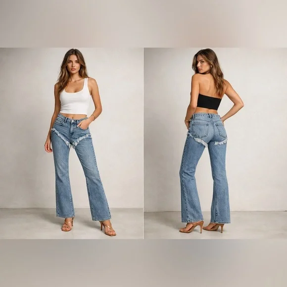 New! SER.O.YA Dahlia Western Frayed Fringe Blue Flare Jeans 🤠💙 size 26 - Picture 4 of 10
